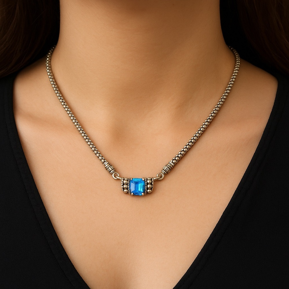 Lagos Caviar Blue Topaz Two Tone Pendant w/  Silver Necklace